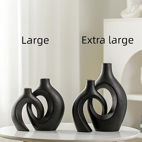 Levvohd XL Black Ceramic Vase Set of 2 for Modern Home Decor, Neutral Boho Round Donut Pampas Grass Vases, Nordic Aesthetic Vase, for Living Room Coffee Table Fire Place Book Style Shelf (H 11.1") - color: Black - Xl Round