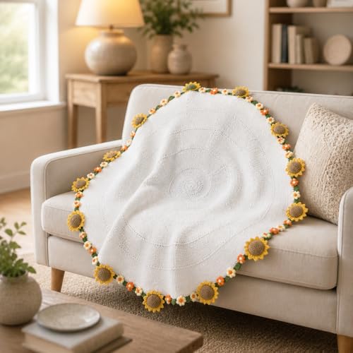 Crochet Flower Bouquet Throw Blanket, Cute Romantic Gift for Her Girlfriend Mom Mother’s Day Valentine Wedding Anniversary Birthday (White Sunflower, 60 inches) - color: White Sunflower, size: 60 inches