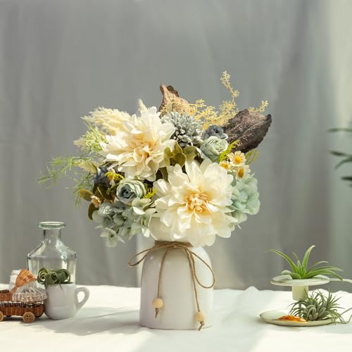 Fake Flowers with Vase Silk Dahlia Artificial Flowers in Vase Faux Hydrangea Flowers Arrangements with Vase for Home Office Decoration Dining Table Centerpiece (Blue) - color: Blue