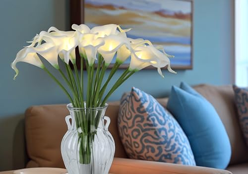 HOMESEASONS LED Lighted Artificial Flowers Calla Lily Bouquet 20 Stems Real Touch Calla Faux Flower Lights for Valentine's Day Gift and Easter Home Kitchen Wedding Dining Table Decor(White, No Vase) - color: White
