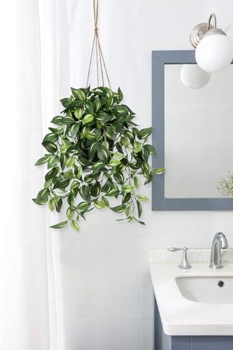 Briful Artificial Hanging Plants in Black Pot 17.7" Lifelike Trailing Faux Watermelon Peperomia Silk Plant with Cascading Green Leaves Fake Hanging Greenery for Indoor & Outdoor Home Garden Décor - color: Green