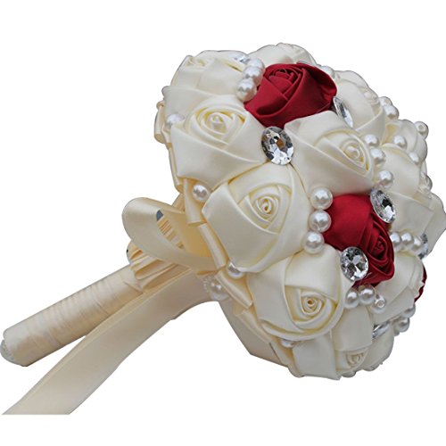 S_SSOY Customizable Romantic Wedding Bouquets Silk Flowers Bridal Holding Roses Bride Bridesmaid Bouquet with Pearl Crystal Ribbon Valentine's Day (Ivory+Wine Red) - color: Ivory+wine Red