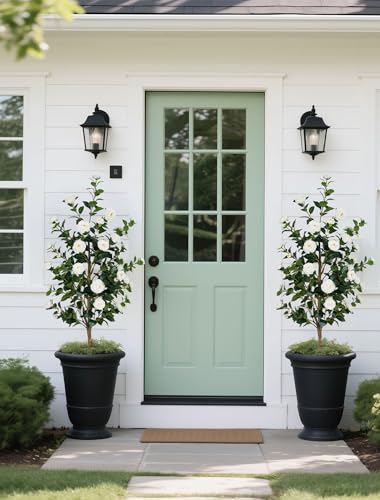 BLOSMON Artificial Trees for Home Decor: Indoor 4.9ft Tall Fake Plants Outdoor Camellia Flowers Tree for Front Porch - Faux White Rose Plant with Pot for Living Room Door Patio Deck Yard - color: White Camellia