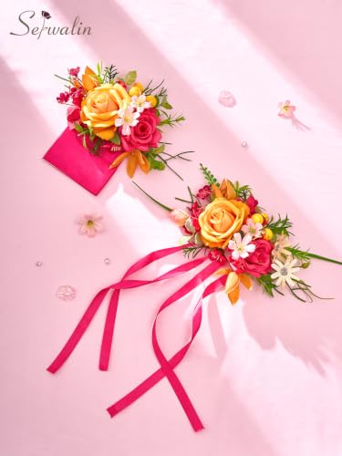Serwalin Corsage and Boutonniere Set,2Pcs Hot Pink and Orange Rose Corsage Wristlet and Pocket Boutonniere for Men Prom Wedding Homecoming Anniversary Graduation - color: Hot Pink and Orange