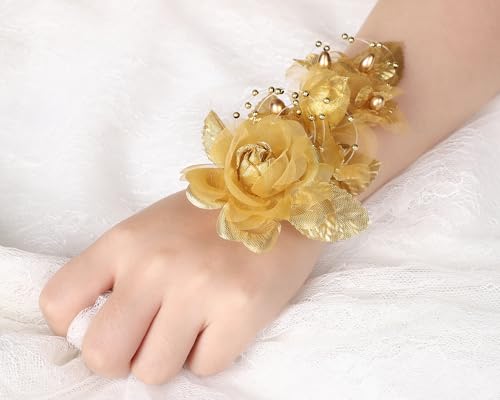 Set of 12 Artificial Silk Organza Craft Rose Flower, 12 Corsage Wristlet, 12 Pin Back DIY Boutonnieres for Wedding, Bridesmaids, Groomsmen, Quinceanera, Prom, Sweet 16 (Gold) - color: Gold