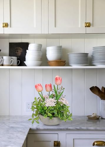 Flower Centerpieces 10.6" Artificial Plants & Flowers in Pot Mixed Artificial Tulip with Pink Flowers Green Plant, Realistic Farmhouse Flowers Arrangements for Table Office Desk Kitchen Home Decor - color: Pink