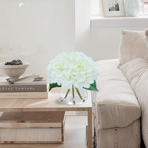 Big Petals Hydrangea Artificial Flowers in Vase, White Silk Fake Flowers Silk Centerpiece Table Decorations for Dining Room,Coffee Table Decor,Wedding, Home with Faux Water Decor (New White) - color: New White