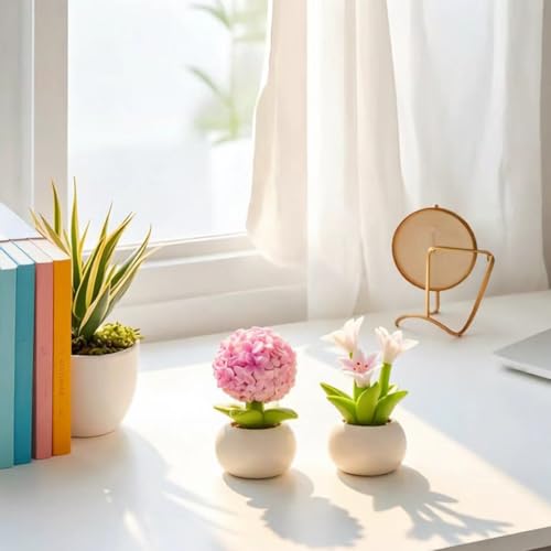 Resin Flower with Pot 2 Pcs Mini Artificial Lily Hydrangea Flowers Potted Plants Figurines for Car Dashboard Home Kitchen Rustic Table Shelf Decor, Pink+White - color: Pink+white