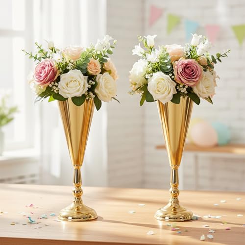 10pcs of Tabletop Gold Flower Centerpieces, 14.4in Metal Wedding Flower Gold Vases, Elegant Flower Holders for Christmas Anniversary Birthday Party Home Decoration Flower Arrangements - color: Gold, size: 10xM