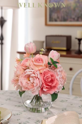 WELL KNOWN Artificial Flowers in Vase with Fake Water, Peach Pink Silk Peony Rose Tulip Spring Flower Bouquet for Home Birthday Party Wedding Dining Table Centerpieces Office Decor Mom's Gift - color: Peach Pink Mixed