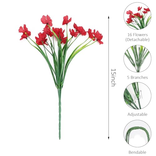 16 Bundles Red Summer Flowers Artificial Outdoor UV Resistant Fake Flowers Summer Outdoor Porch Decor Outside Artificial Plants for Window Box - color: C - Red