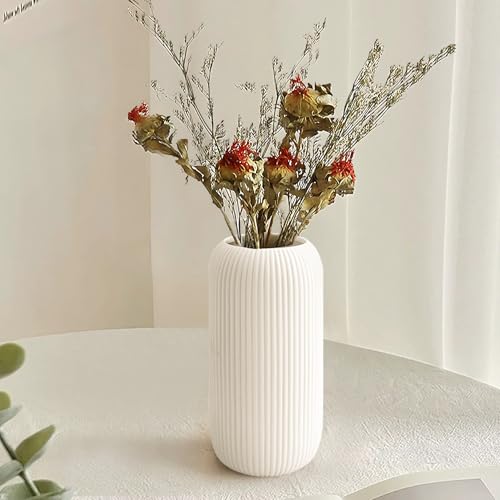 Ceramic Vase for Flowers – Modern Small Ribbed Textured Flower Vase for Home Decor, Pampas Grass, Decorative, Farmhouse, Coffee Table, Kitchen Centerpieces, Bookshelf and Home Living (White) - color: White