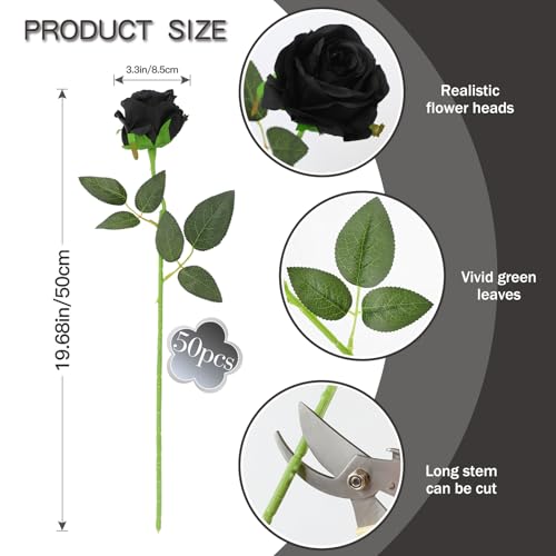 50PCS Artificial Silk Roses in Bulk & Bouquet Long Stem – Realistic Fake Roses for Wedding Centerpieces, Home Decor, Floral Arrangements, Party Decoration (Black) - color: Black, size: 50 Pcs