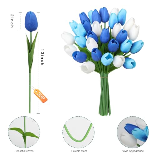 Artificial Tulips Flowers Fake Latex Tulip Stems - 30pcs Real Touch Faux Multicolor Tulips Flower for Easter Spring Wedding Bouquet Centerpiece Floral Arrangement Cemetery Table Decor - color: Dark Blue, White, Light Blue