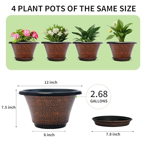 Quarut 12 Inch Pots for Plants,4 Pack Large Flower Pots with Drainage Hole & Saucer,Modern Planters for Indoor Outdoor Plants,Decorative Resin Garden Pots Brown - color: Diamond Pattern-brown, size: 12 inch-4 Pack