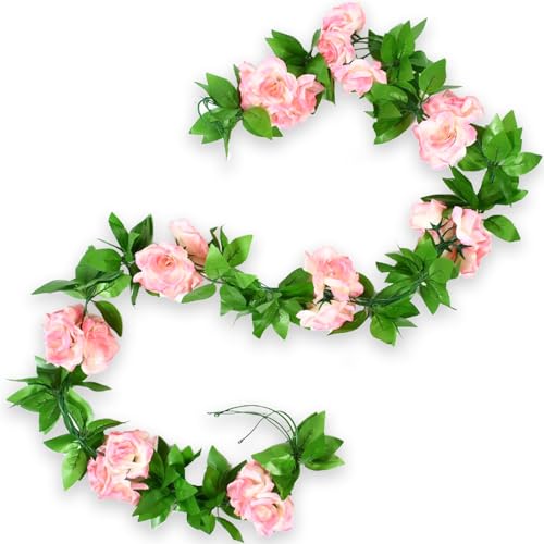 4Pcs Artificial Rose Vines Faux Flowers Garland with Green Leaves Fake Hanging Floral Plants for Home Bedroom Garden Decor,Christmas Anniversary Wedding Birthday Party Decoration (Pink) - color: Pink, size: 4Pcs-large rose