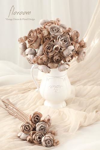 Floroom Ranunculus Artificial Flowers 18 Pcs Taupe Brown Faux Silk Mini Ranunculus Bulk Fake Wedding Filler Flowers for DIY Bouquets, Centerpieces, Bridal Shower Decorations & Arrangements - color: Taupe Brown