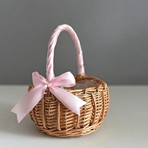 Vctitil Wicker Rattan Flower Basket,Wedding Flower Girl Basket Hand Woven Flower Basket Decoration,Candy Storage Basket Home Decoration(S,pink) - color: pink