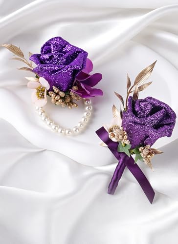 Purple Rose Boutonniere and Corsage Set - 2 Pcs Artificial Flowers Wrist Corsage and Boutonniere Kit for Men Wedding Prom Party, Anniversary Ceremony - color: Purple