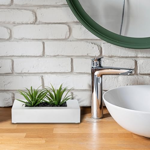 MyGift 10 Inch Artificial Grass Fake Plants in White Rectangular Wood Planter - Faux Plants Indoor for Tabletop Centerpiece Décor - color: White, size: 9.5 Inch