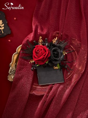 Serwalin Corsage and Boutonniere Set,2Pcs Red and Black Rose Corsage Wristlet and Pocket Boutonniere for Men Prom Wedding Homecoming Anniversary Graduation - color: Red and Black
