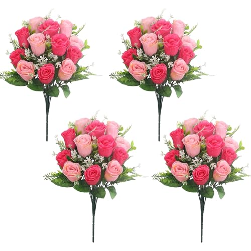 Artificial Rose Bouquets Fake Roses Flowers Set of 4 Realistic Silk Flowers for Cemetery Headstone Home Wedding Decoration UV Resistant No-Fading(Pink) - color: Pink