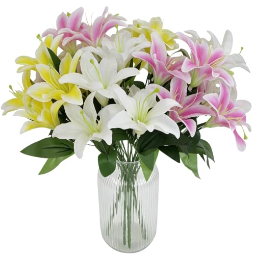 ZeKonan 10 Pcs Artificial Lily Flowers Faux Fake Silk Lilies Bouquets | Home Kitchen Wedding Party Decor, Table Centerpieces Decoration, Flower Arrangement Decor, 3 Colors Mixed, 14in - color: 10 Pcs-b Mix