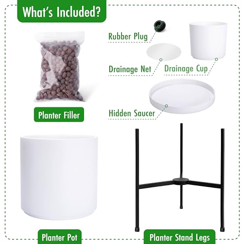 D'vine Dev Modern White Plants Pot Cylinder Planter with Heavy Duty Stand, Large 12 Inch Pot, 18.9 Inch with Stand Height, 96-T-A-3 - color: White, size: Large 12 Inch