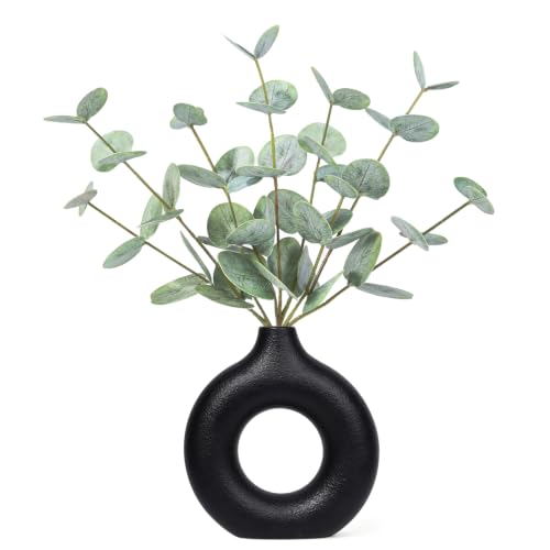 FIACO Artificial Eucalyptus Stems in Ceramic Vase, 14" Fake Plants for Home Decor, Coffee Table Centerpiece Bathroom Shelf Dining Table Farmhouse Faux Greenery Plants Indoor Decorations - color: Green Eucalyptus - Black Donut Ceramic Vase