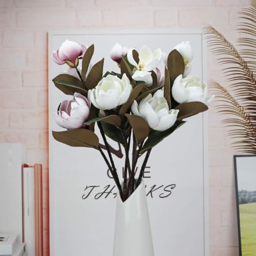 LIUCOGXI Vintage Artificial Magnolia Flower White 6 Heads,Long Stem Magnolia Bouquet with Green Leaves Arrangement for Home Office Living Room Bedroom Floor Vase Decoration - color: White