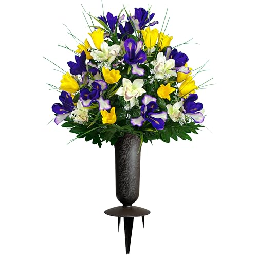 Sympathy Silks Artificial Cemetery Flowers - Grave Decoration - Yellow Tulips and Purple Iris (1) Bouquet (1) Vase - color: Yellow/Purple, size: (1) Bouquet (1) Vase