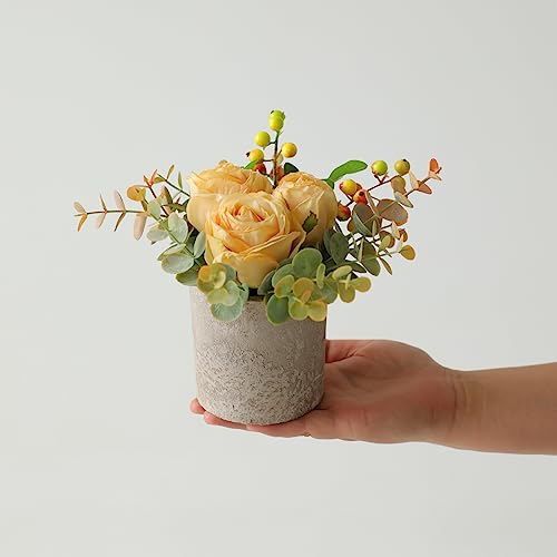 Small Artificial Burnt Yellow Rose Potted Plant, 6" Fake Silk Flowers in 3" Cylindrical Pot, Mini Faux Floral Arrangement for Desk Shelf Bathroom Decor - color: Burnt Yellow