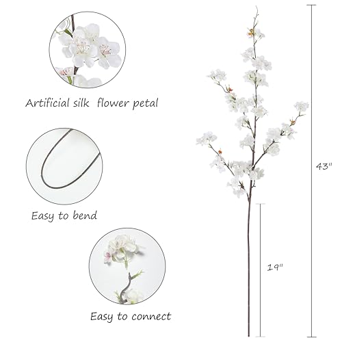 Artificial Cherry Blossom Flowers (4pcs, White), Real Touch Silk Bouquet for Home, Wedding, Garden and Party Events Decoration, DIY Fake Floral Arrangements - color: White