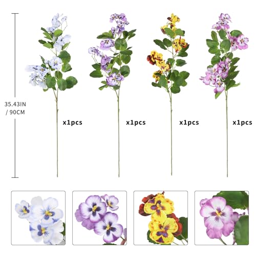Artificial Fake Pansy Flowers for Outdoor 4PCS Faux Silk Pansies Flowers for Tall Vase 35.43" Long Stems Spring Flowers Pansies for Wedding Home Party Table Centerpiece Decor(Mixed Color) - color: Mixed Corlor