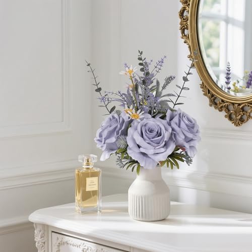 Artificial Flowers in Vase, Silk Roses Flowers Artificial Eucalyptus Lavenders Small Daisies and Fake Plants in White Ceramic Vase, Rustic Farmhouse Floral Arrangements Décor, Plants for Living Room - color: Dustyblue