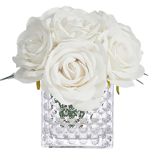 Fule Artificial Silk Rose Flower Centerpiece Arrangement in Glass Vase with LED Light for Home Wedding Decoration (Ivory) - color: Ivory