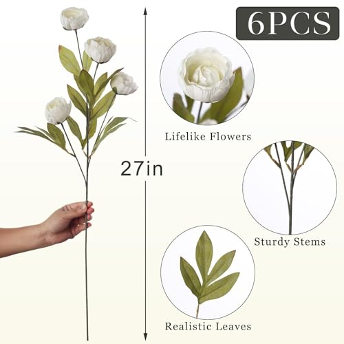 VIERENA 6 Pcs Faux Silk Peony Artificial Flowers for Vase -27", Bulk Fake Peonies Branches with Stems for DIY Bouquet Centerpieces Wedding Fillers Arrangements Shower Decorations (Cream) - color: Cream