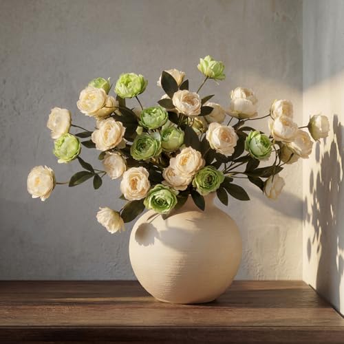 6 Pcs 32" Large Beige Green Artificial Peonies Stems Flowers, Real Look Faux Silk Peony Bouquet 42 Heads Total for Vase Filler, Farmhouse Rustic Neutral Home Decor, Wedding Centerpieces - color: Beige and Green