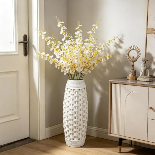 Hosley 24" High Wood and Grass Floor Vase-White. Ideal Gift for Floral Arrangements Weddings, Home Decor, Long Dried Floral, Spa, Aromatherapy, Umbrella/Cane Stand - color: White