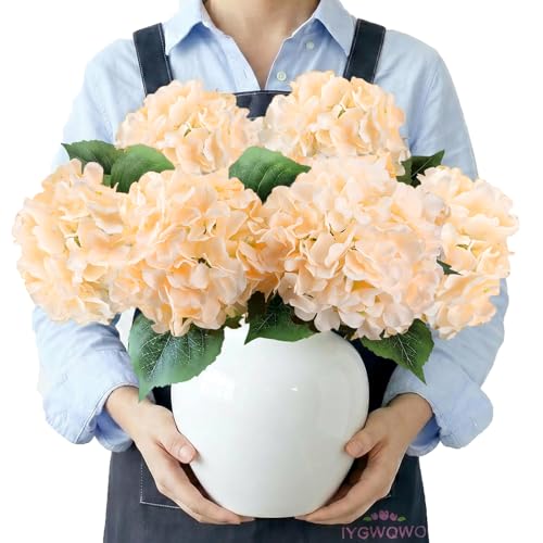 6PCS Large Silk Hydrangea Flowers, 20 in Full Faux Hydrangea Artificial Flowers with Stems Leaves for Fake Fall Bouquets Porch Home Wedding Party Wreath Anniversary Indoor Outdoor (Champagne) - color: Champagne
