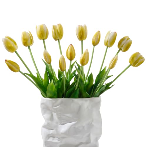 15 Pcs Artificial Flowers Tulips Real Touch Latex Plastic Soft Faux Bouquets for Party, Wedding, Home, Room, Garden Decor (Vintage Yellow) - color: Vintage Yellow