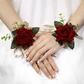 Campsis Red Rose Wrist Corsage, Gold-Accented Artificial Flowers with Satin Ribbon, Set of 2, Wedding and Prom Formal Wear
