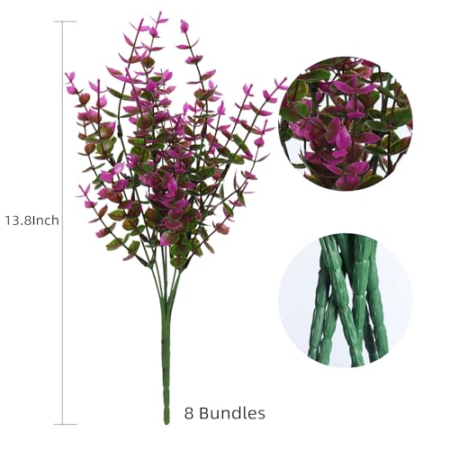 RECUTMS Artificial Flowers, Fake Outdoor UV Resistant Plants Faux Plastic Greenery Shrubs Indoor Outside Hanging Planter Home Kitchen Office Wedding, Garden Decor,8 Packs(Fuchsia Eucalyptus) - color: Fuchsia Eucalyptus, size: 8 Pcs