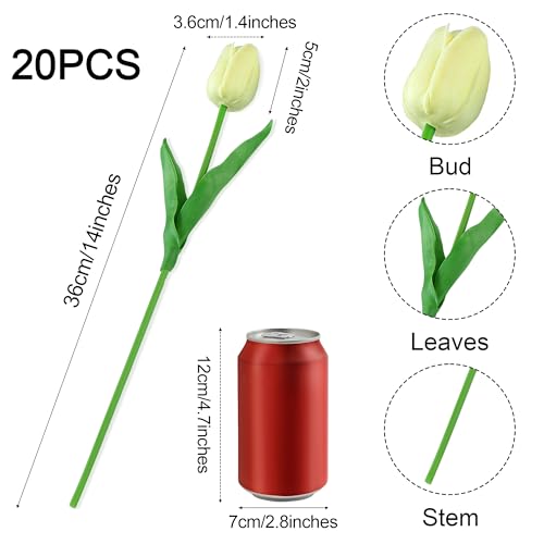 20pcs White Tulips Artificial Flowers Fake Silk Tulips Real Touch Flowers for Spring Kitchen Wedding Home Decor Arrangements Easter Decor 14 Inch - color: Off White