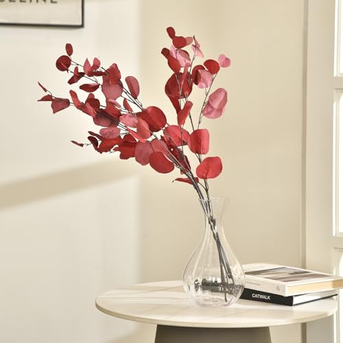 3 PCS Artificial Eucalyptus Stems Long 33" Fake Eucalyptus Leaves Branches for Vase Home Wedding Party Decorations, Red - color: Red*3