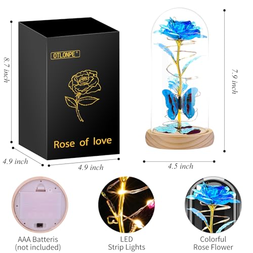 Otlonpe Preserved Artificial Rose Flower Lamp, Forever Women Gifts for Birthday Christmas Valentines Mothers Day, 7.7'' Glass Rose Wood Base Butterfly, Gifts for Mom Grandma Daughter Wife Girlfriend - color: Wood Blue
