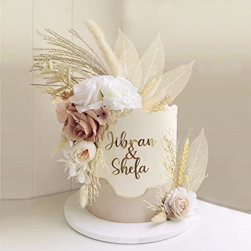 22 PCS Boho Cake Topper Decorations Vintage Artificial Rose Flowers Leaves Various Dried Pampas Grass Cake Decor for Cake Decorating for Wedding Bridal Birthday Party Supplies - color: Pink White Apricot