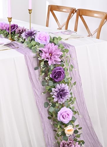 Waipfaru Flower Garland, 6.07Ft Eucalyptus Garland with Flowers, Silk Rose Floral Vines for Wedding Reception Table Mantle Decor (Purple) - color: Purple-6.07ft, size: 1 Pack