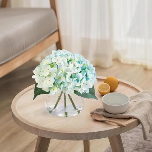 Hydrangea Artificial Flowers in Glass Vase, Blue Silk Fake Flowers Silk Centerpiece Table Decorations for Dining Room， Coffee Table Decor，Wedding, Home with Faux Water Decor（Light Blue） - color: Light Blue