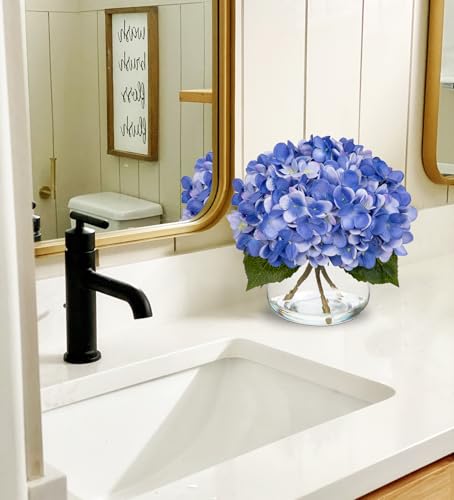 Hollyone Blue Hydrangea Artificial Flowers with Vase Silk Blue Hydrangeas Fake Flowers Arrangements Floral Bulk Bouquet in Glass Vase with Faux Water for Bathroom Table Centerpiece Home Decorations - color: Hydrangea, Slate Blue